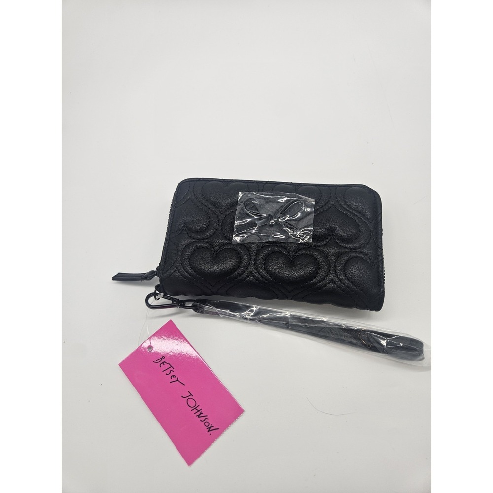 Betsey Johnson XOKARA  Black Heart Pattern Zip Around Wallet with Wrist Strap